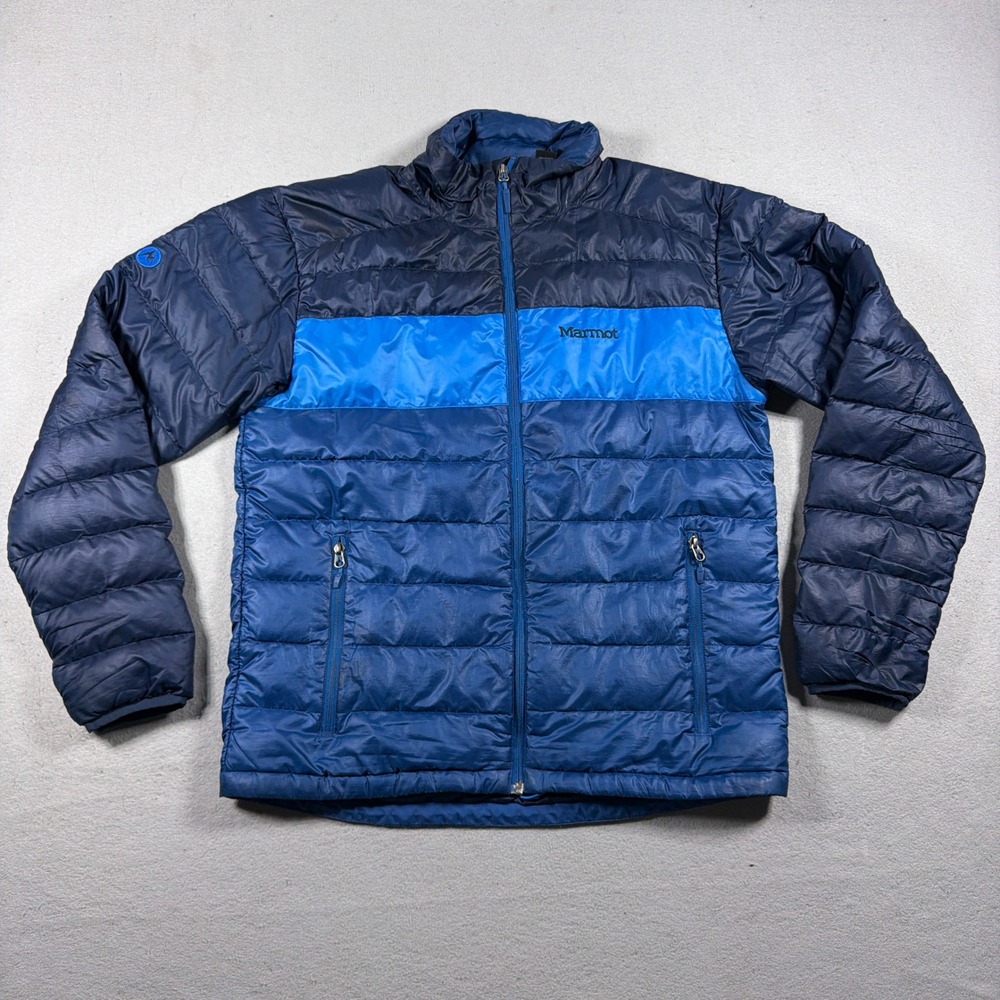 Marmot Down Puffer Jacket Men Large Regular Blue Colorblock 600 Fill Power Gorp